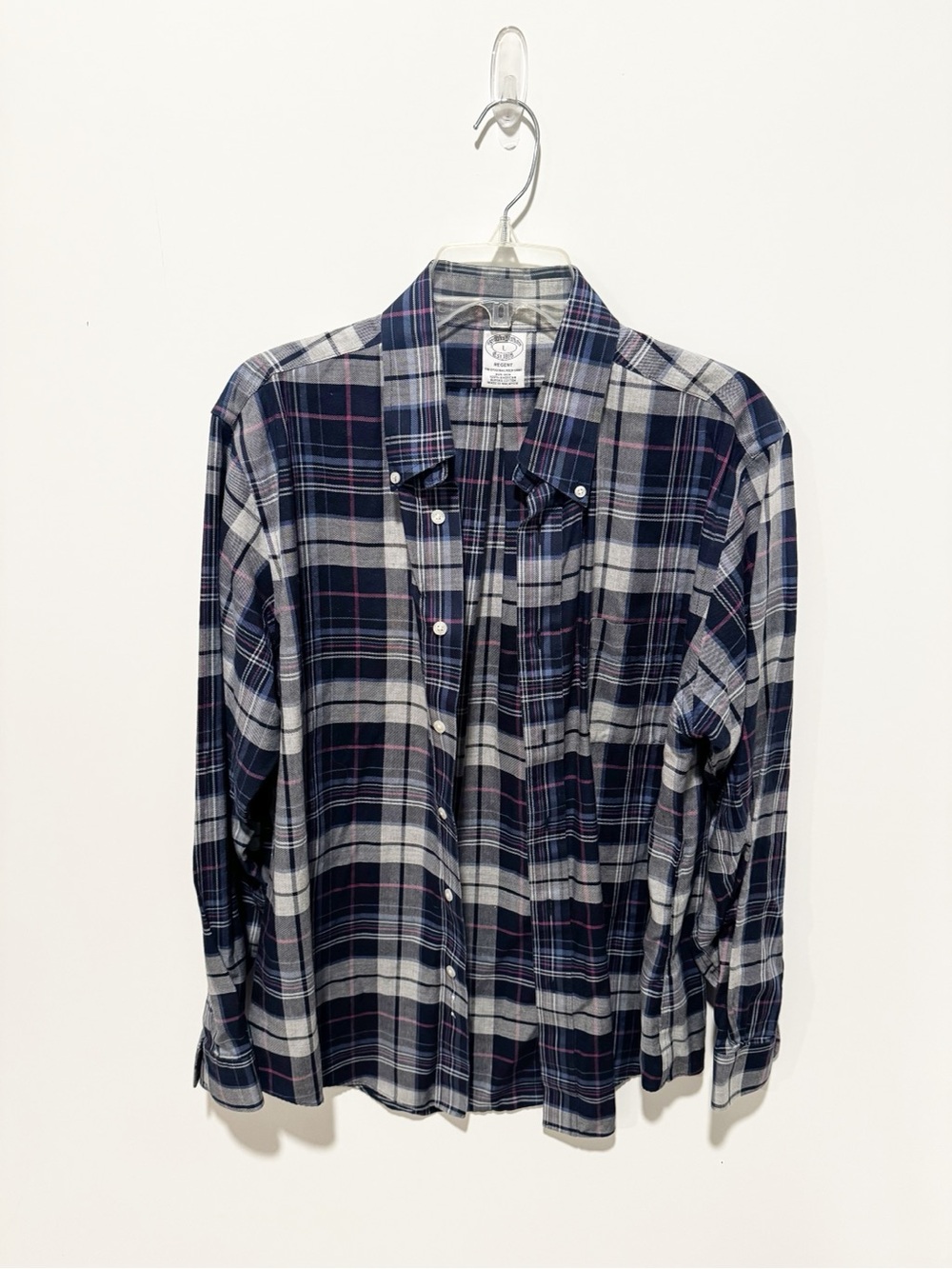 Brooks Brothers Navy, Gray & Pink Plaid Button-Down Shirt